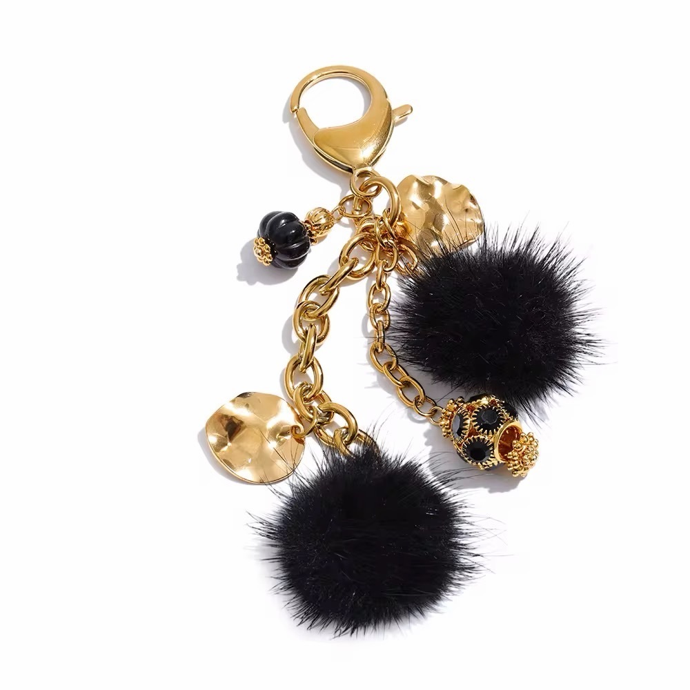 18K Gold Plated Stainless Steel Pom Fur Luxe Bag Charm Keychain